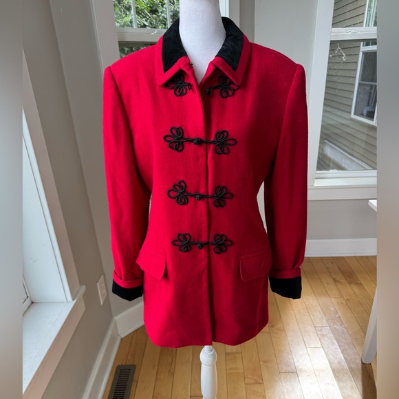Vintage International Scene Red Wool Blazer Jacket Black Velvet Collar Cording S - Picture 2 of 13